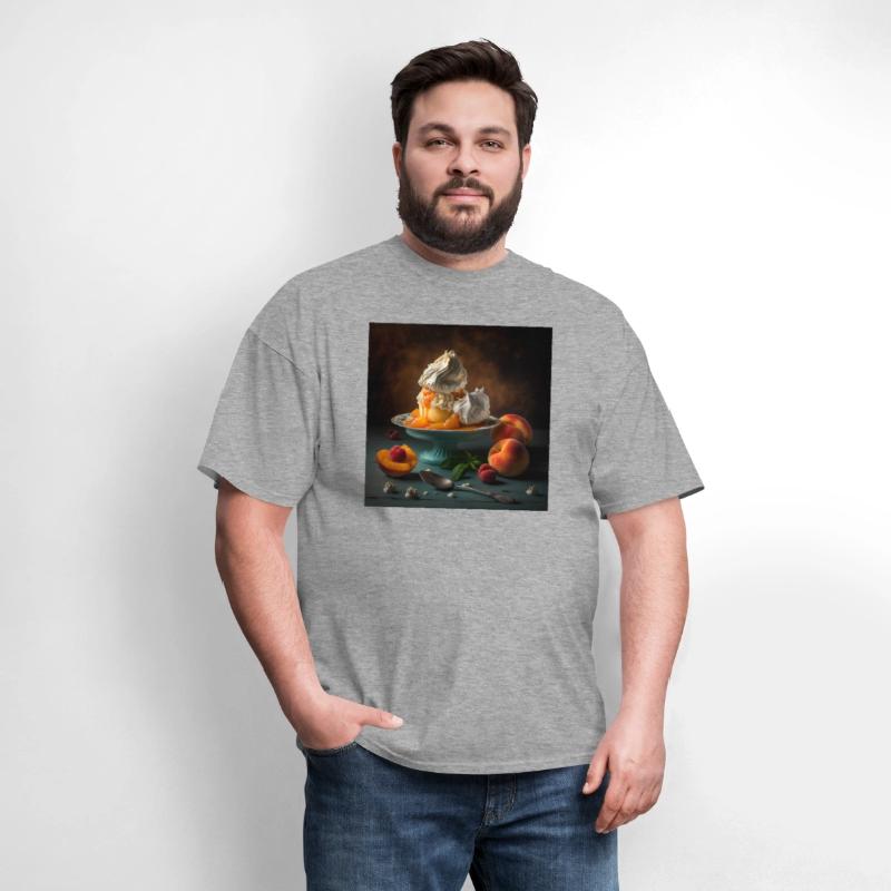 A dessert topped with whipped cream and peaches