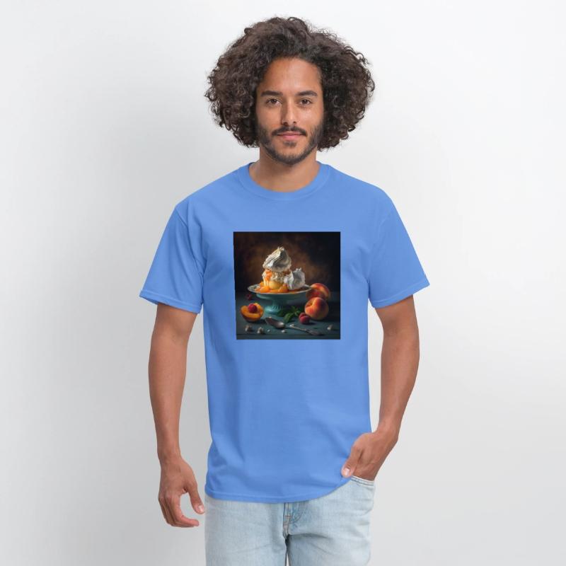 A dessert topped with whipped cream and peaches