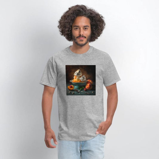 A dessert topped with whipped cream and peaches