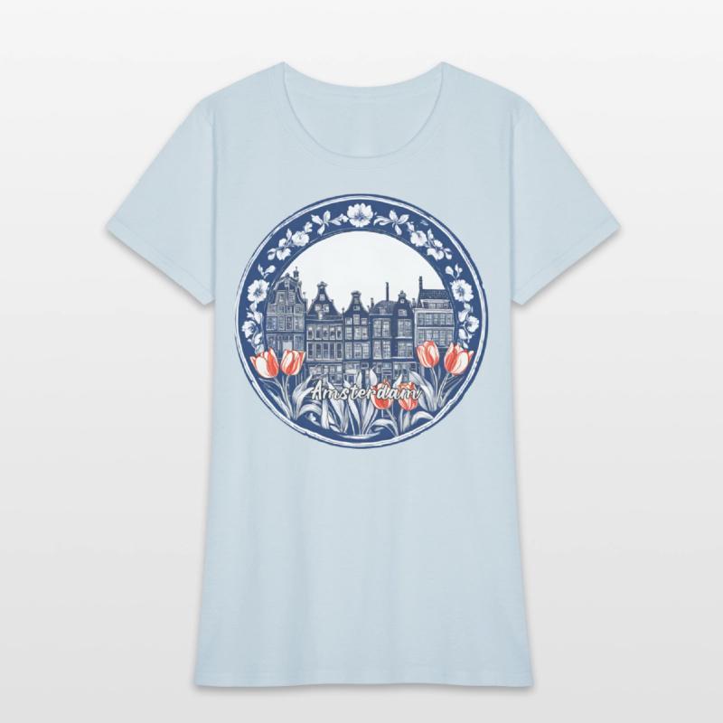 Amsterdam Houses Red Tulips Dutch Blue