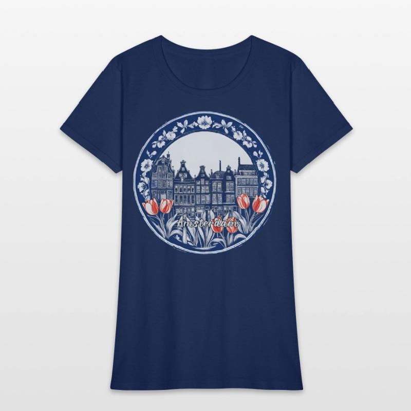 Amsterdam Houses Red Tulips Dutch Blue