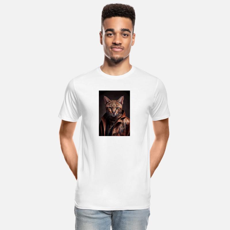 Ocicat Cat Breed Portrait wears a leather jacket