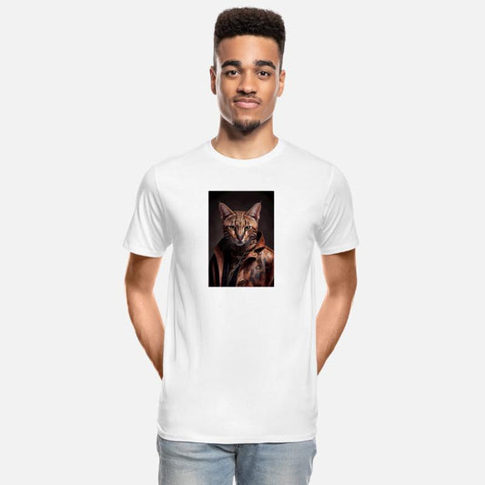 Ocicat Cat Breed Portrait wears a leather jacket