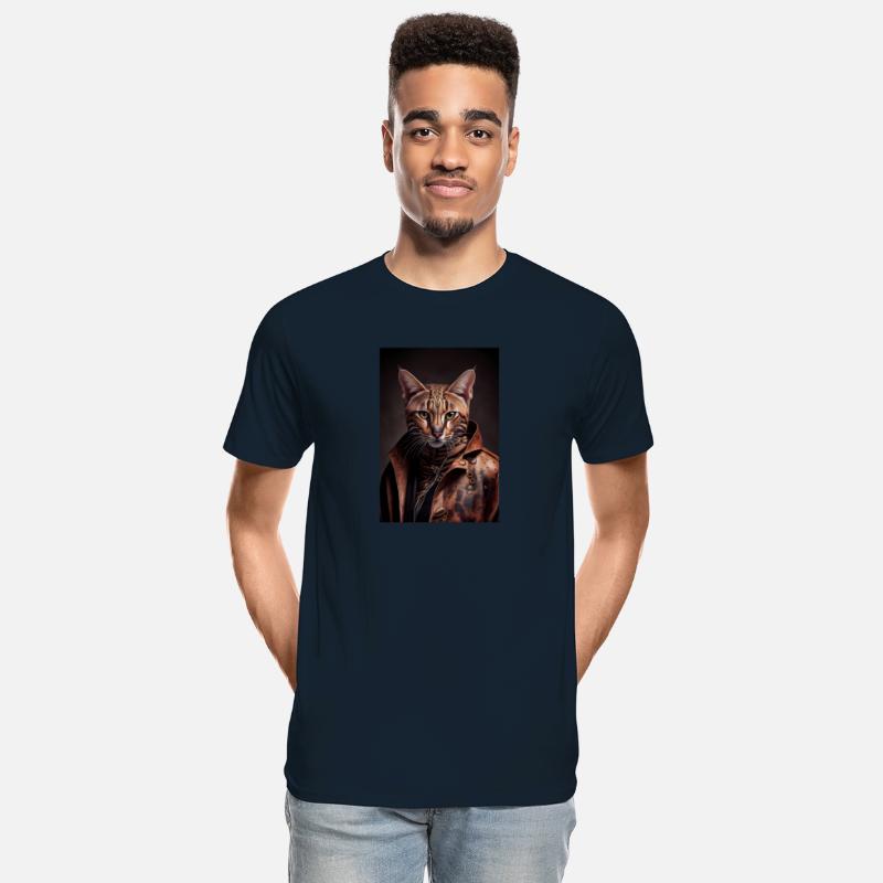 Ocicat Cat Breed Portrait wears a leather jacket