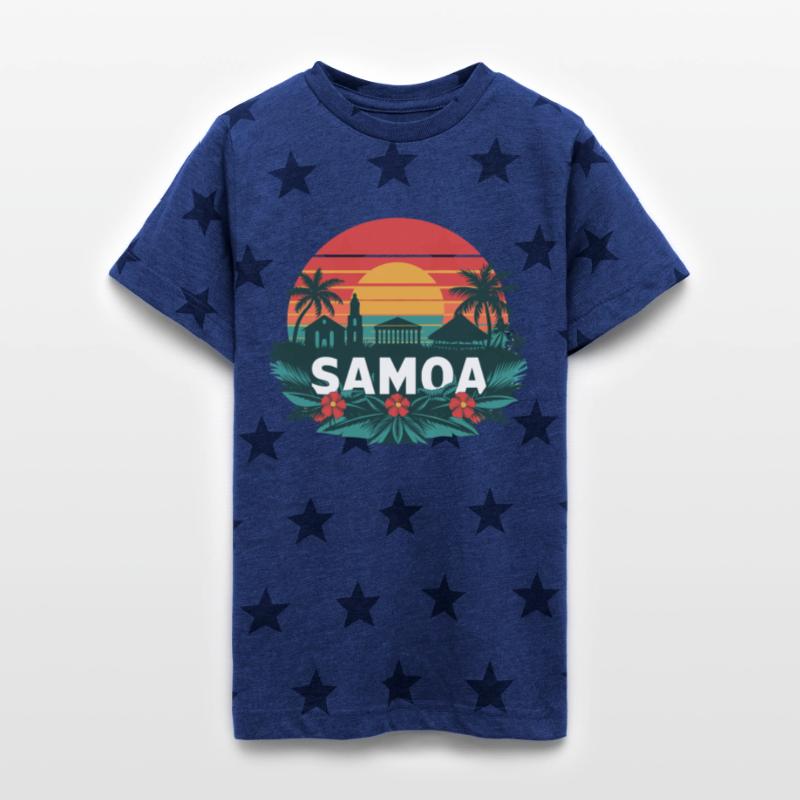 Samoa Tropical Sunset with Palms and Floral Motif