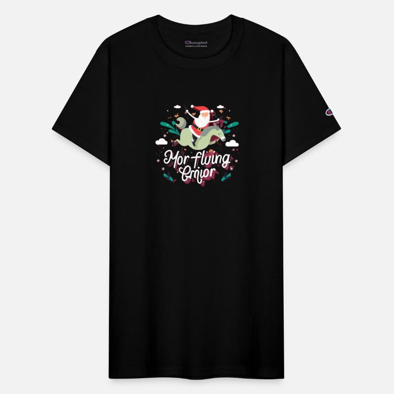 santa claus is fying on a horse